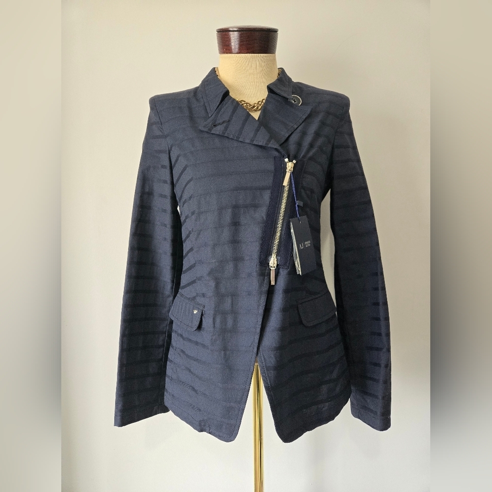 ARMANI JEANS New With Tags Cotton Navy Jacket With Asymmetrical Zip. Size 8